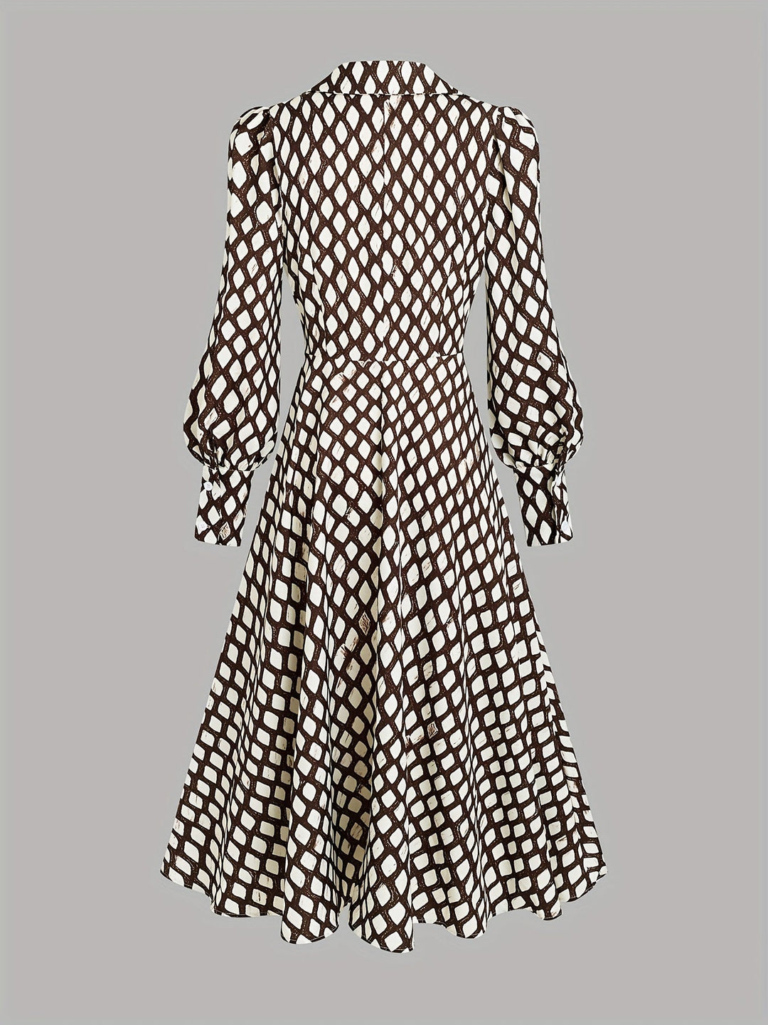 Flowy women's midi dress, elegant rhombus print. Long sleeve, sophisticated geometric autumn fashion.
