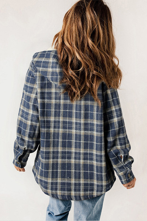 Long sleeve women's warm plaid jacket, featuring a hood & button closure for casual outerwear.