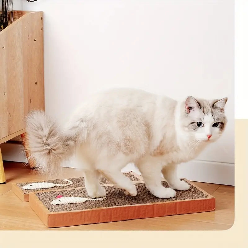 Playful cat scratching mat with mouse toy design, made from durable corrugated cardboard for happy cats.
