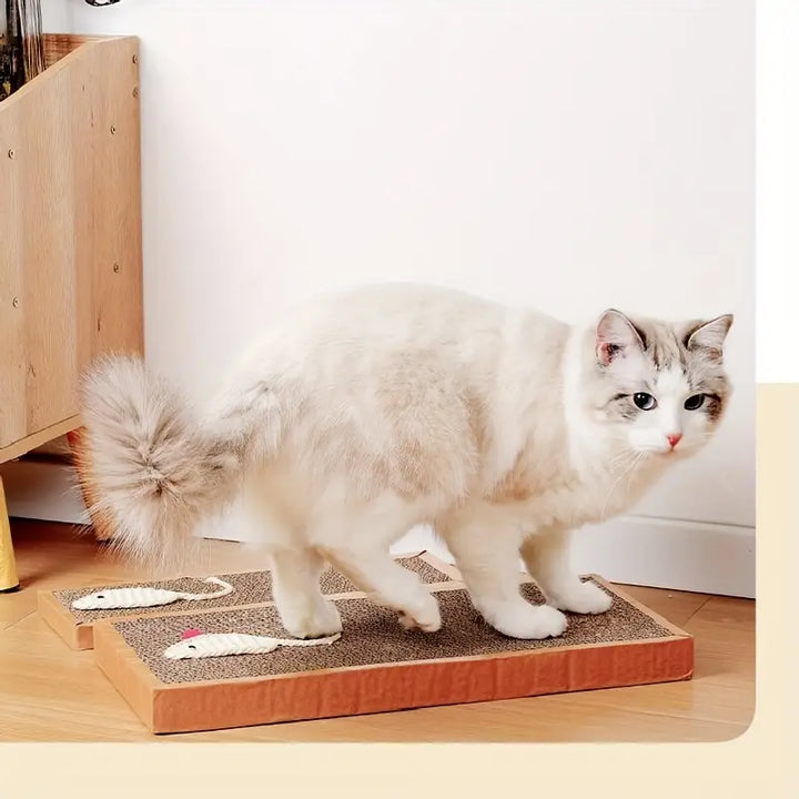 Playful cat scratching mat with mouse toy design, made from durable corrugated cardboard for happy cats.