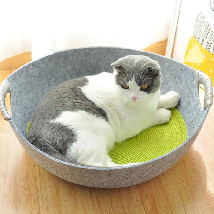 Cozy felt cat bed, a soft basket with easy-carry handles for portable pet comfort.