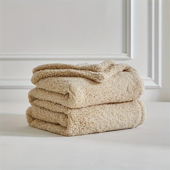Stylish & warm sherpa fleece throw blanket, enhancing living room or bedroom comfort with its plush softness.