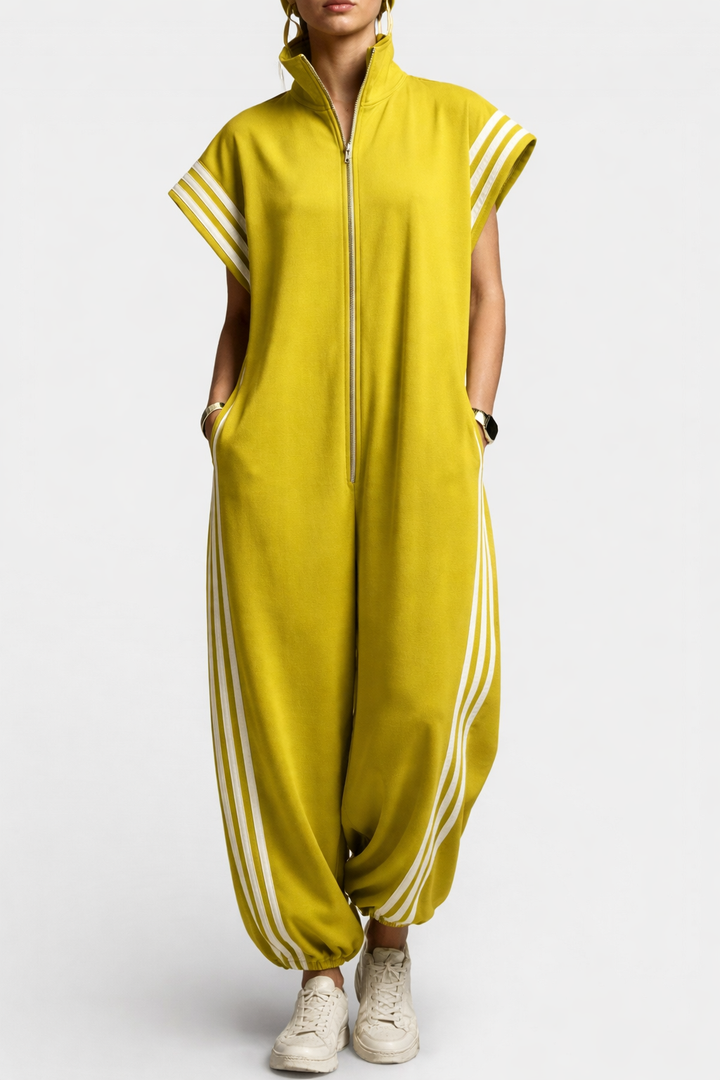 Fashionable women's sleeveless zip neck jumpsuit in vibrant green, also available in other trendy colors.