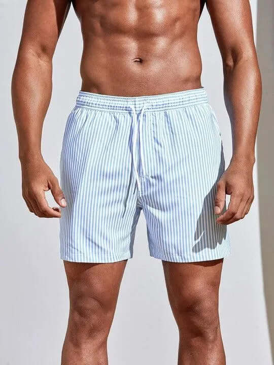 Men's Striped Quick-Dry Swim Shorts with Drawstring