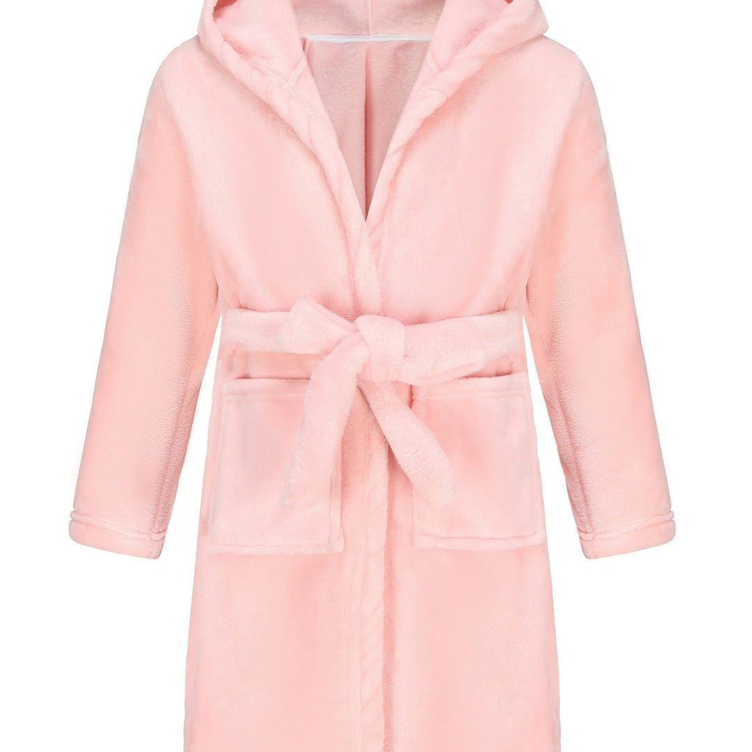 Girls' cozy fleece hooded robe, excellent for post-bath warmth or comfy kids' sleepwear.