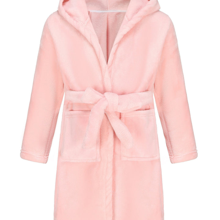 Girls' cozy fleece hooded robe, excellent for post-bath warmth or comfy kids' sleepwear.