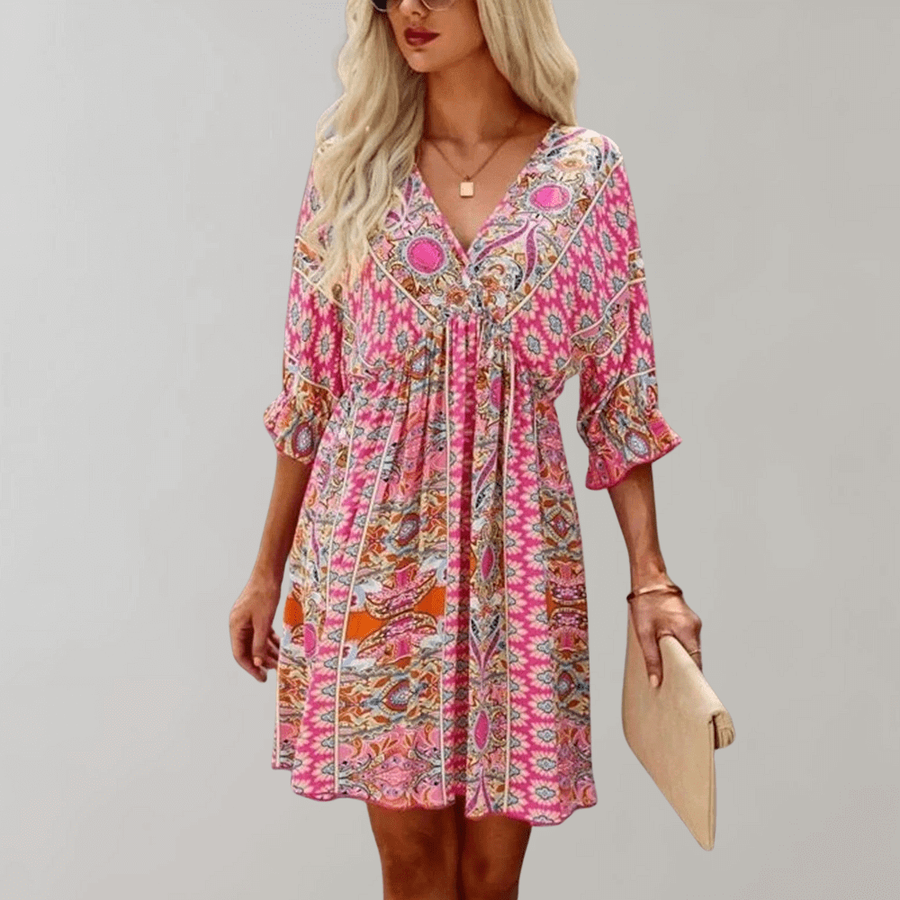 Bohemian Mini Dress with V-Neck