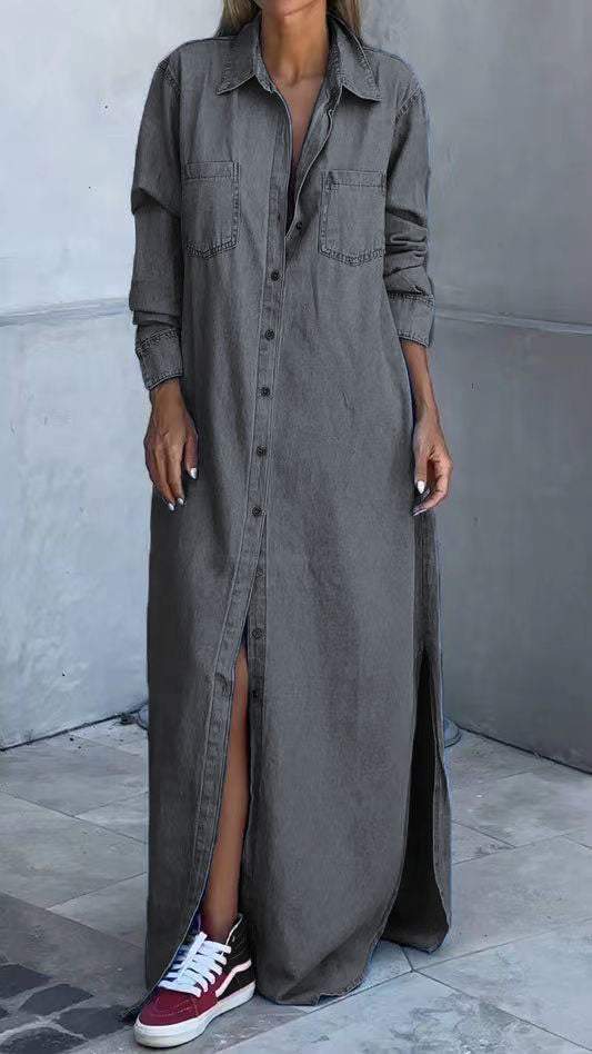 Autumn/winter women's long sleeve lapel shirt dress. Chic, comfortable & relaxed fit for daily wear.