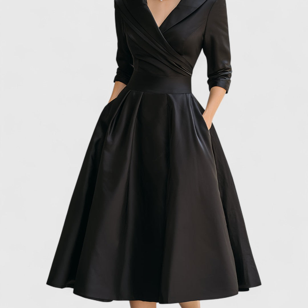 Flattering women's midi dress in multiple colors with elegant style, V-neck, 3/4 sleeves, & pockets.