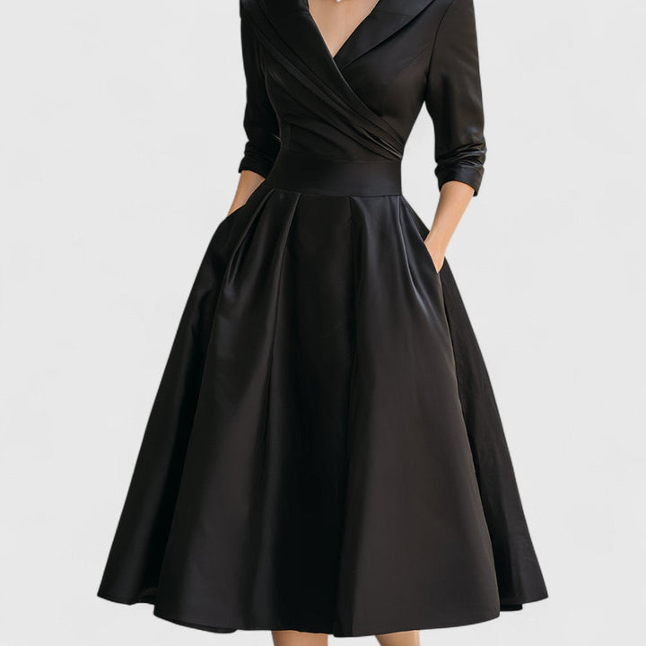 Flattering women's midi dress in multiple colors with elegant style, V-neck, 3/4 sleeves, & pockets.