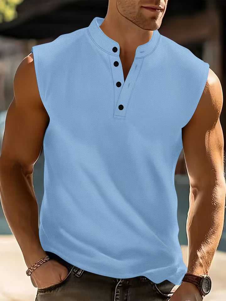 Men's athletic sleeveless t-shirt, lightweight, breathable, activewear, gym, summer casual top.
