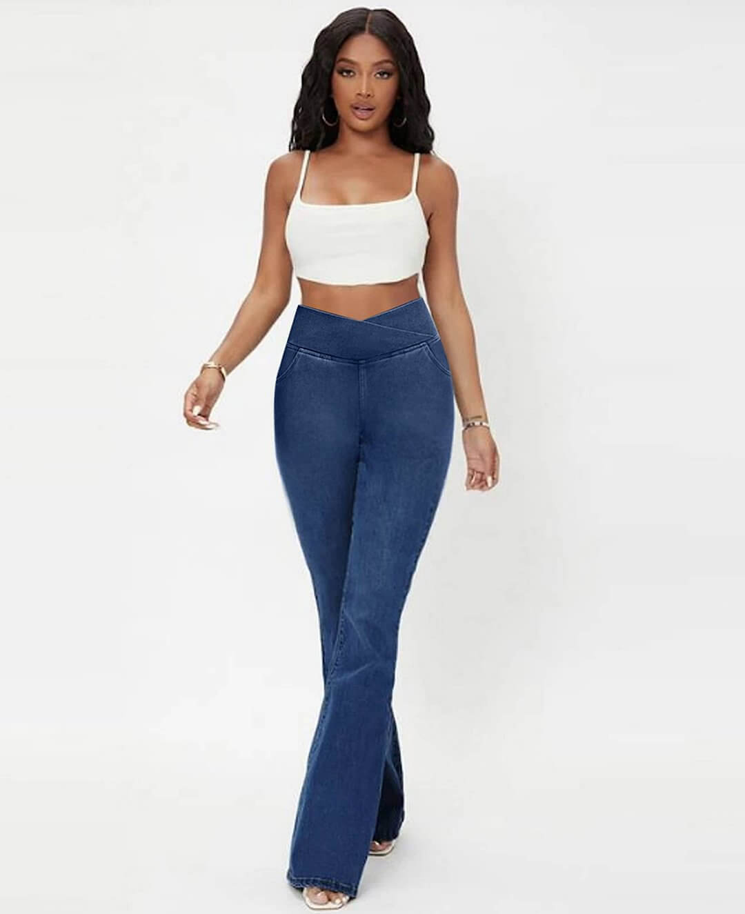 Light blue women's stretch high-waist jeans, comfortable slim fit denim for everyday fashion.