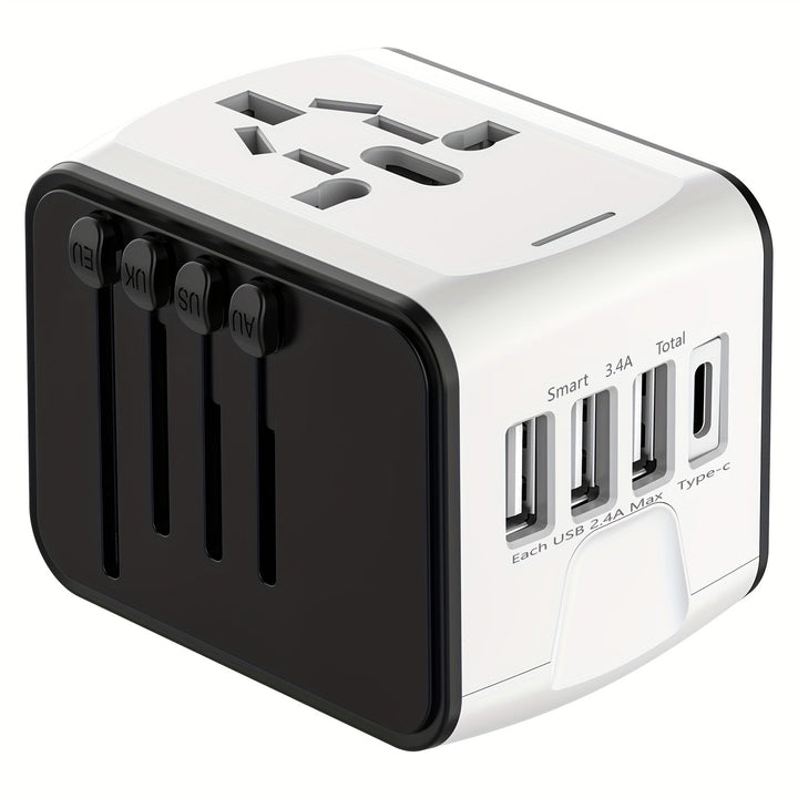 Universal travel adapter with 4 USB & Type-C ports. Fast global charger for international use.