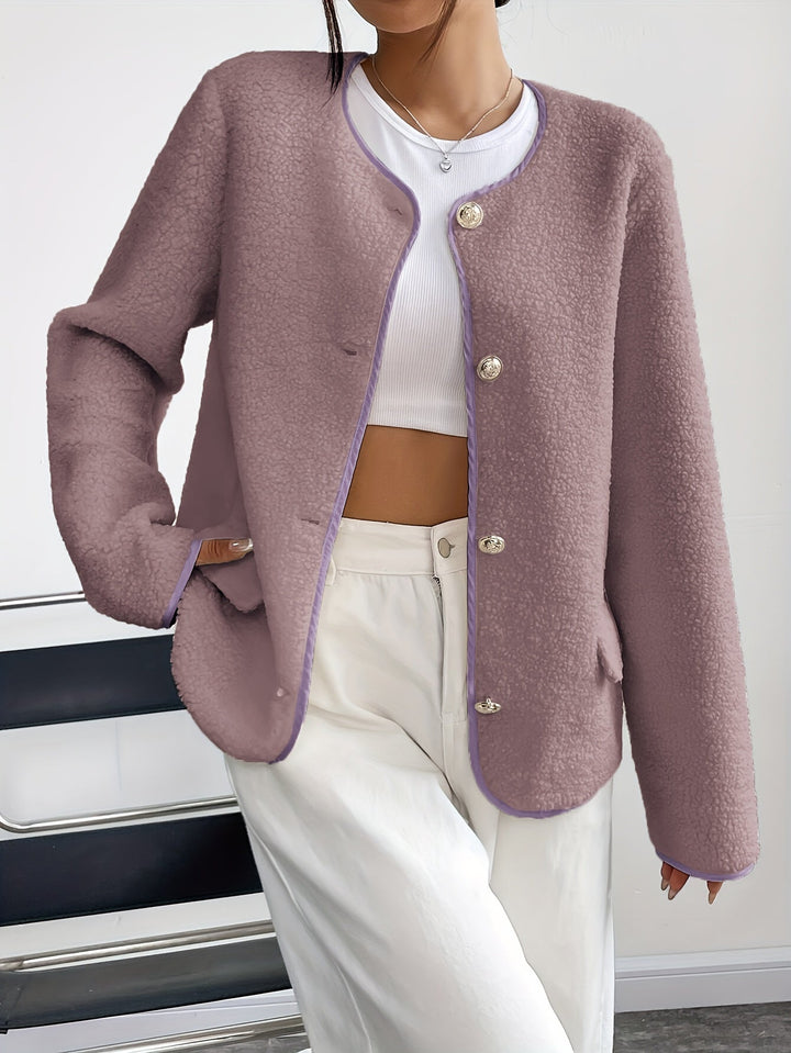 Cozy & comfortable elegant women's button-front jacket, soft for autumn layering & winter outerwear.