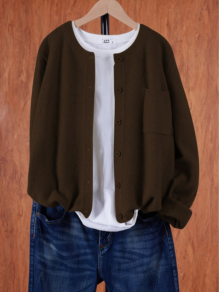Chic blue women's knitwear cardigan, a versatile and cozy fall fashion piece.