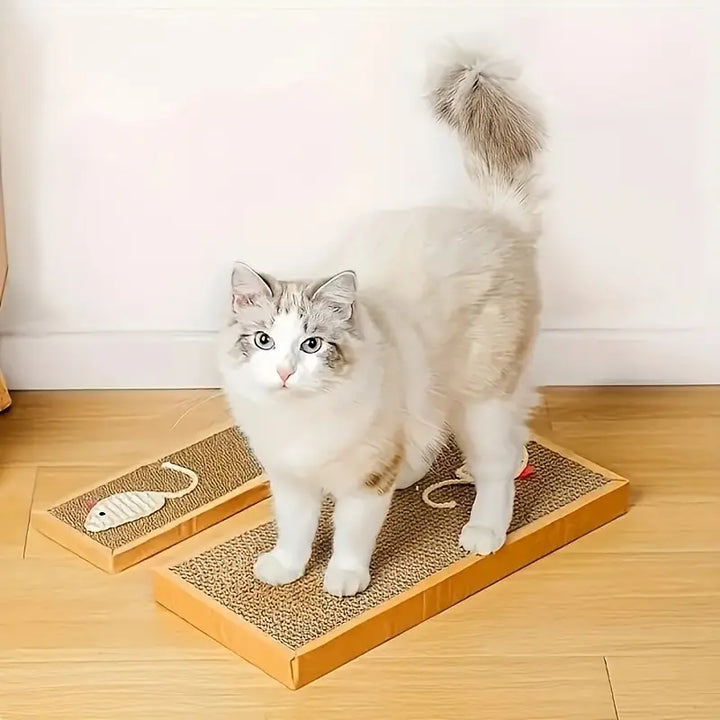 Heavy-duty cat scratcher mat, corrugated cardboard with fun mouse design. Protects furniture, satisfies pet scratch.