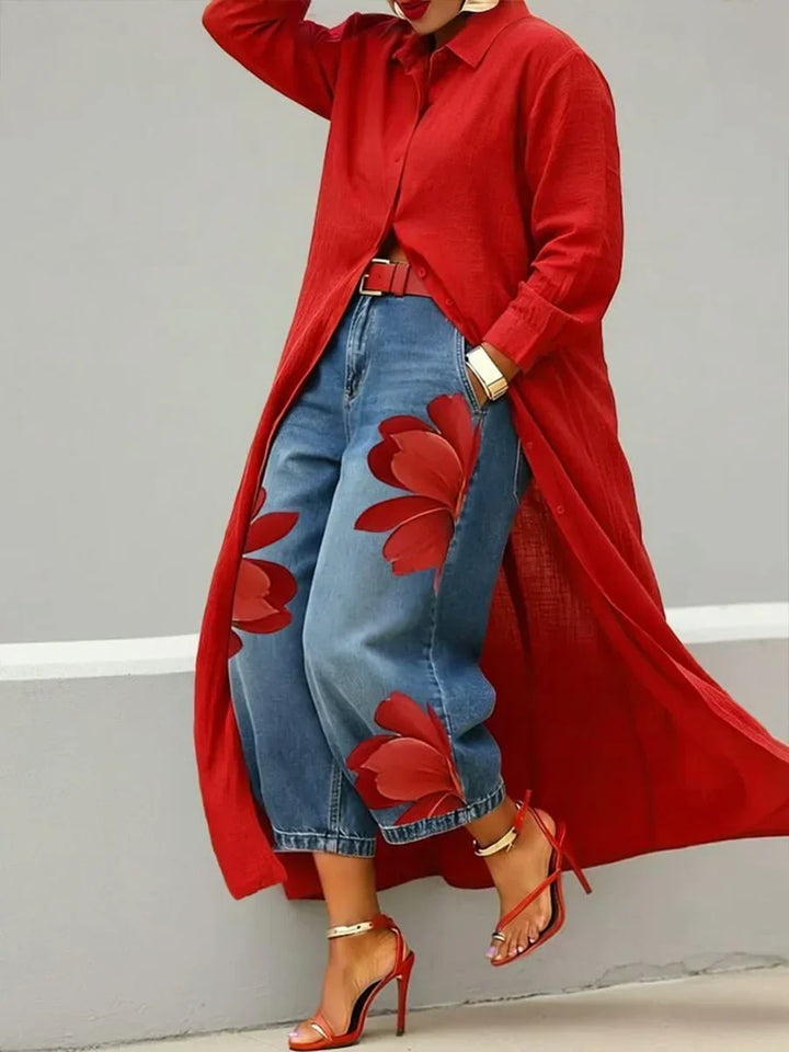 Women's stylish shirt dress & floral jeans two-piece set. Versatile spring & summer fashion for her.