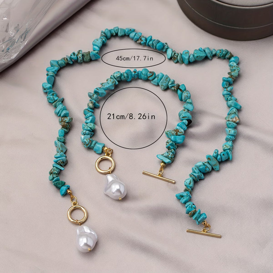 Complete women's turquoise and pearl necklace and bracelet jewelry set. Beautiful, elegant, and perfect for gifting.