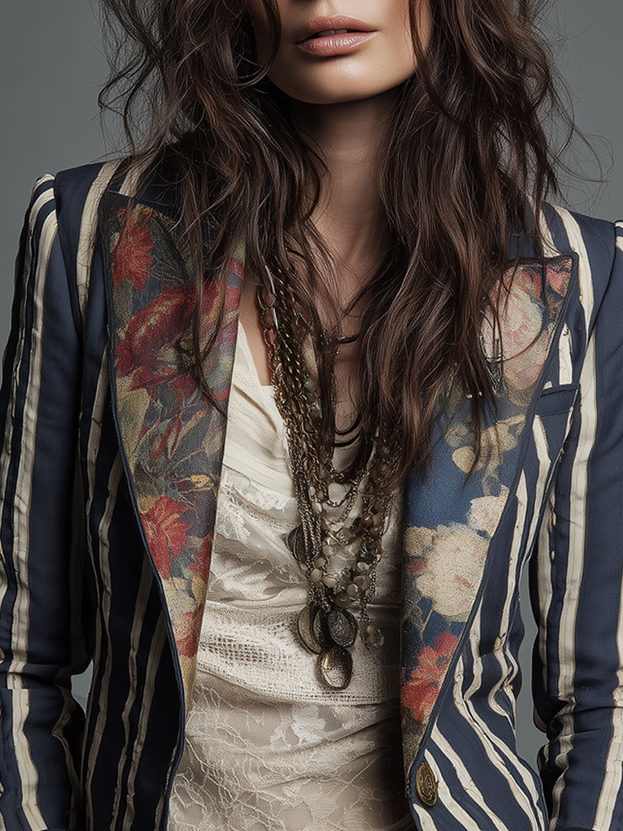 Women's striped blazer, retro bohemian style, a classic fashion piece.