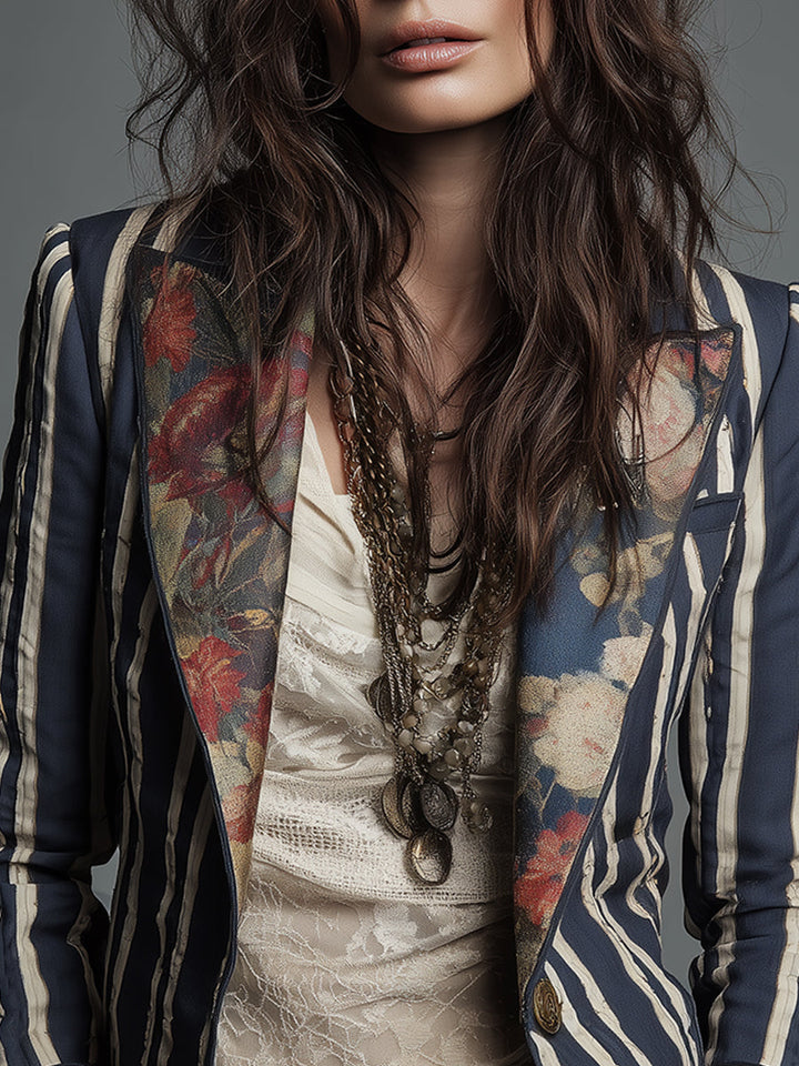 Women's striped blazer, retro bohemian style, a classic fashion piece.