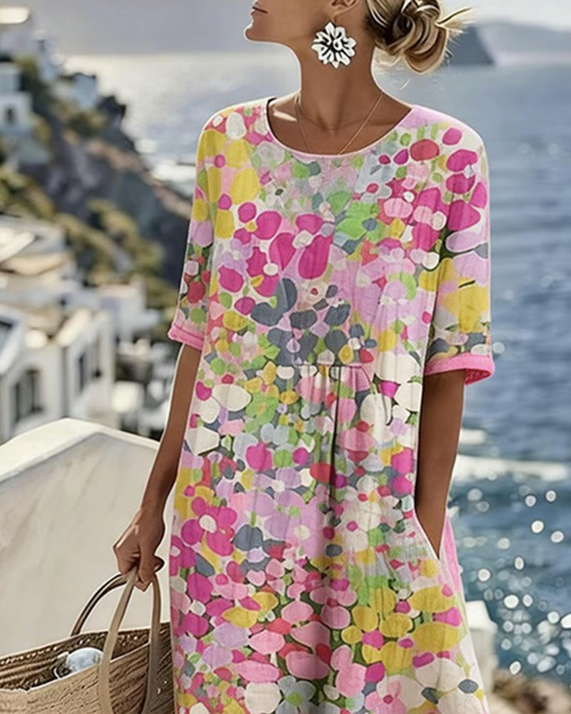 Lightweight & airy floral print midi dress for women, comfortable A-line summer fashion.