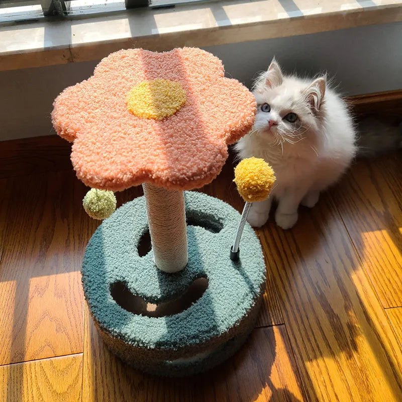 Cat's Sunflower Scratching Post with interactive toy, a fun sisal pet tree for playful cats & kittens.