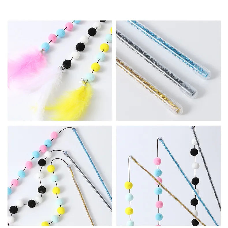 Long cat wand toy, ideal for owners to engage their pets in interactive play, stimulating hunting instincts.