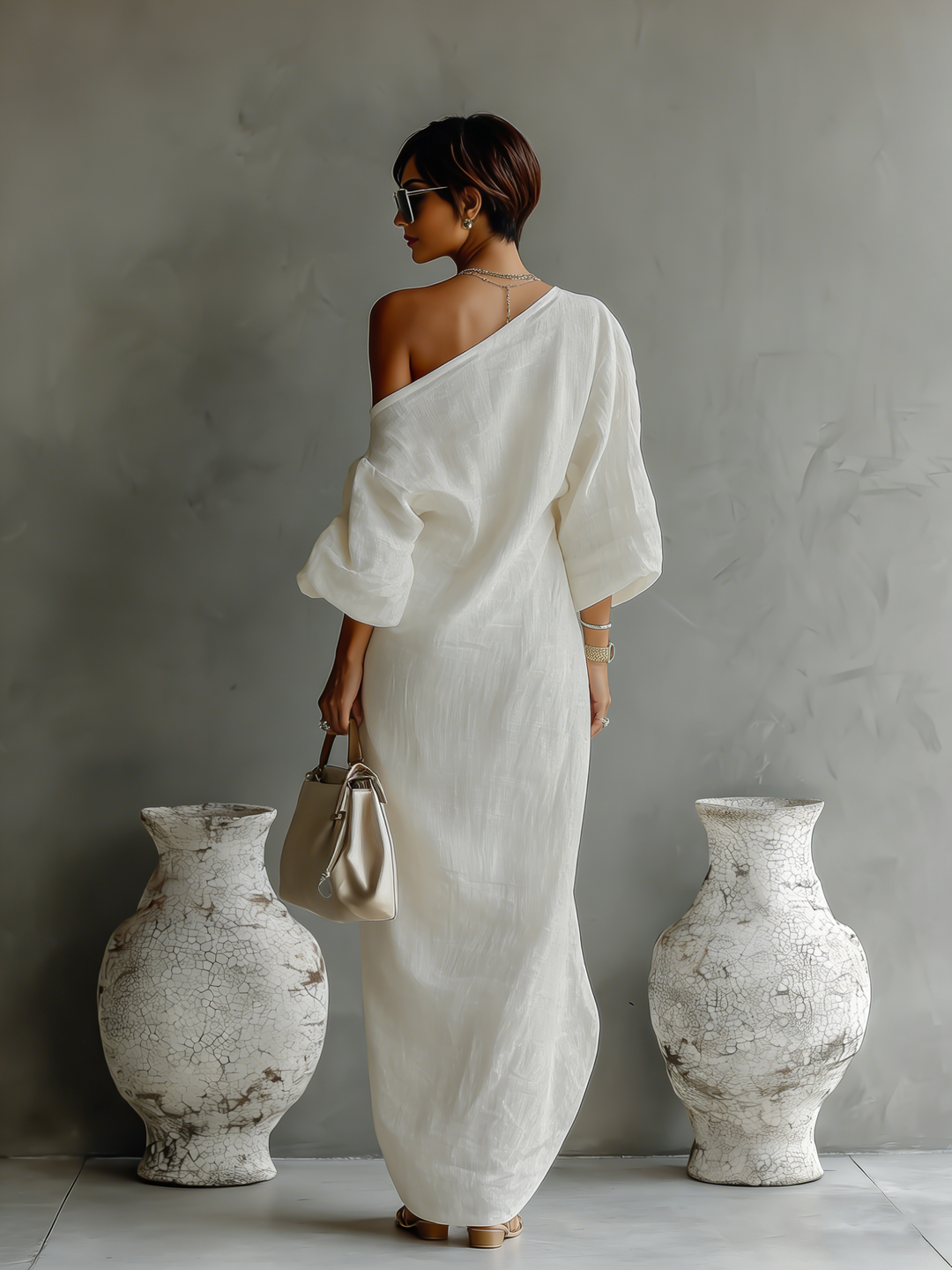 Elegant women's ivory flowing one-shoulder maxi dress. A versatile long formal gown for evening & special parties.