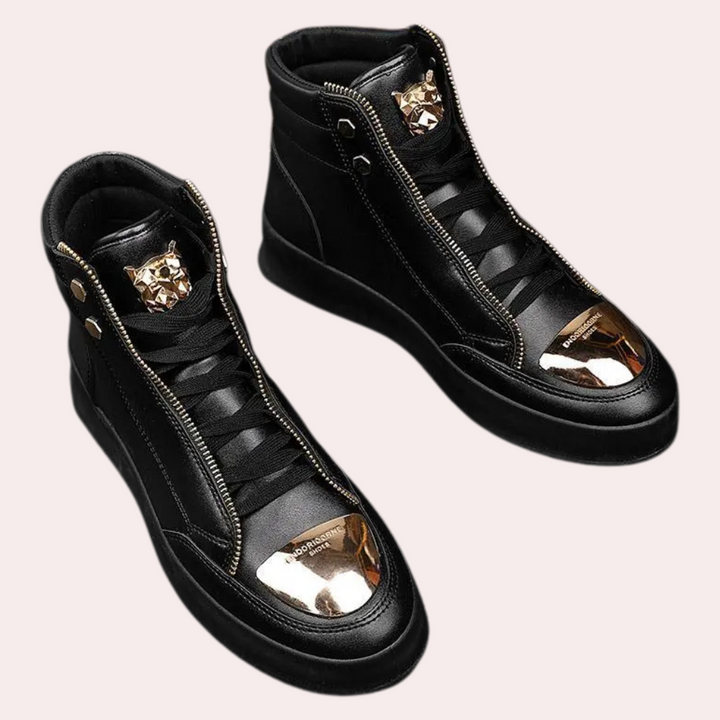 Men's high top sneakers with metallic toe, perfect for bold streetwear and urban fashion.
