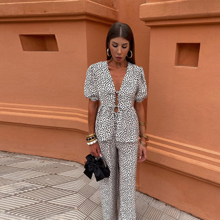 Chic women's patterned top and bottom set, great for holidays and elegant summer style.