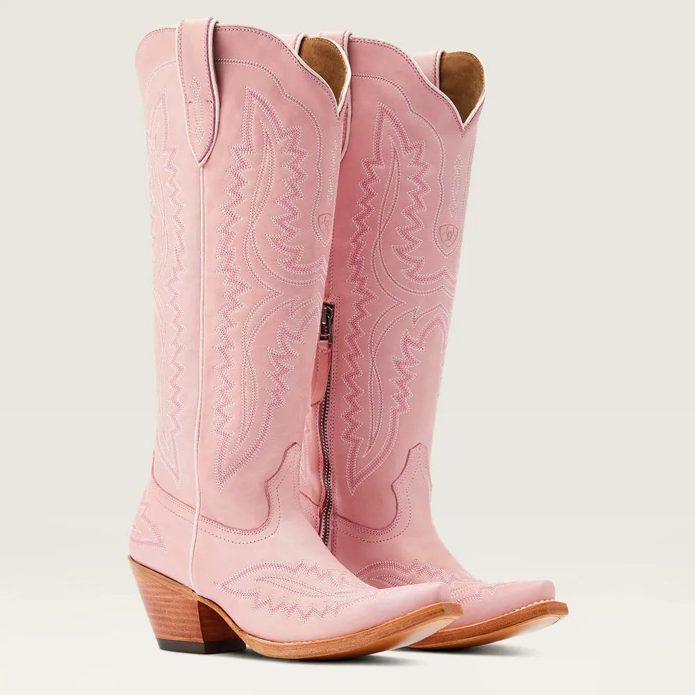 Women's patterned zipped tall boots with pointed toe & stacked heel for stylish autumn fashion.