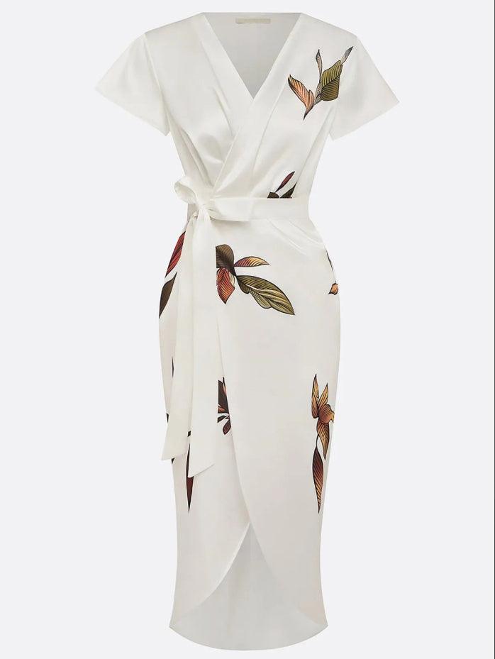 Stylish women's V-neck wrap midi dress with a fresh leaf print, perfect for a garden party or summer wedding.