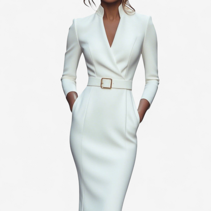 Versatile elegant midi dress for women, long sleeves and a stylish belt create a sophisticated and flattering silhouette.