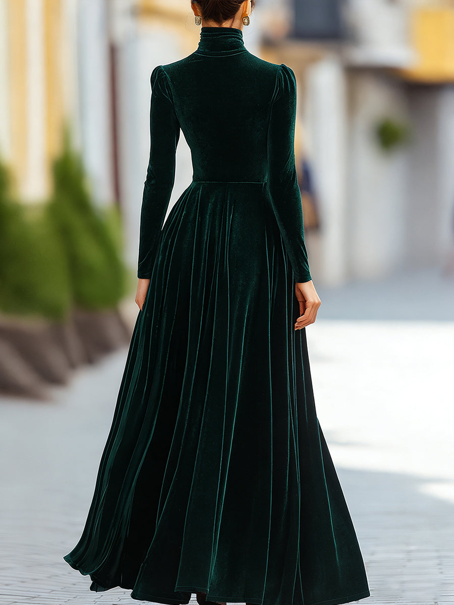 Burgundy modest long sleeve pleated dress for women, features a high waist and mock neck, perfect for formal events.