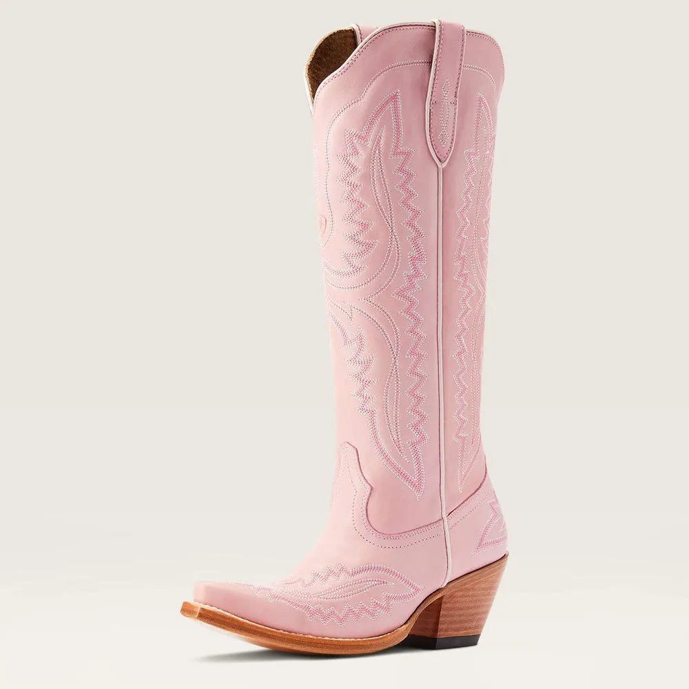 Women's patterned tall boots with a sleek pointed toe, full-length zip, and sturdy stacked heel.