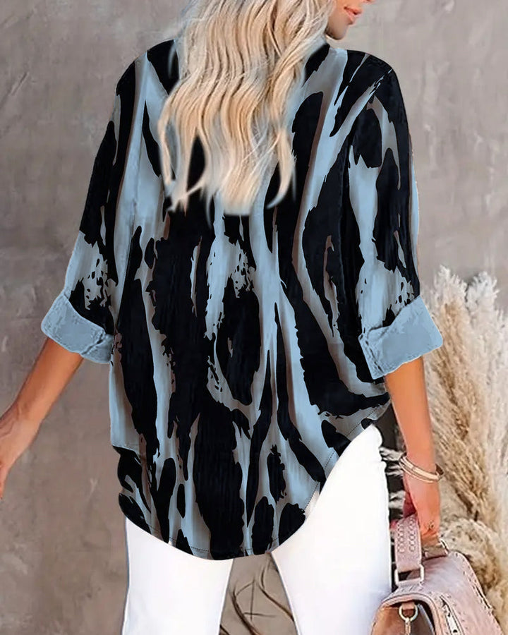 Fashion women's long sleeve top, irregular print, stand collar. Perfect casual wear for spring & autumn.