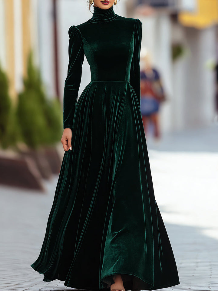 Formal high-waist pleated longline dress for women, elegant mock neck & long sleeves, available in dark green.