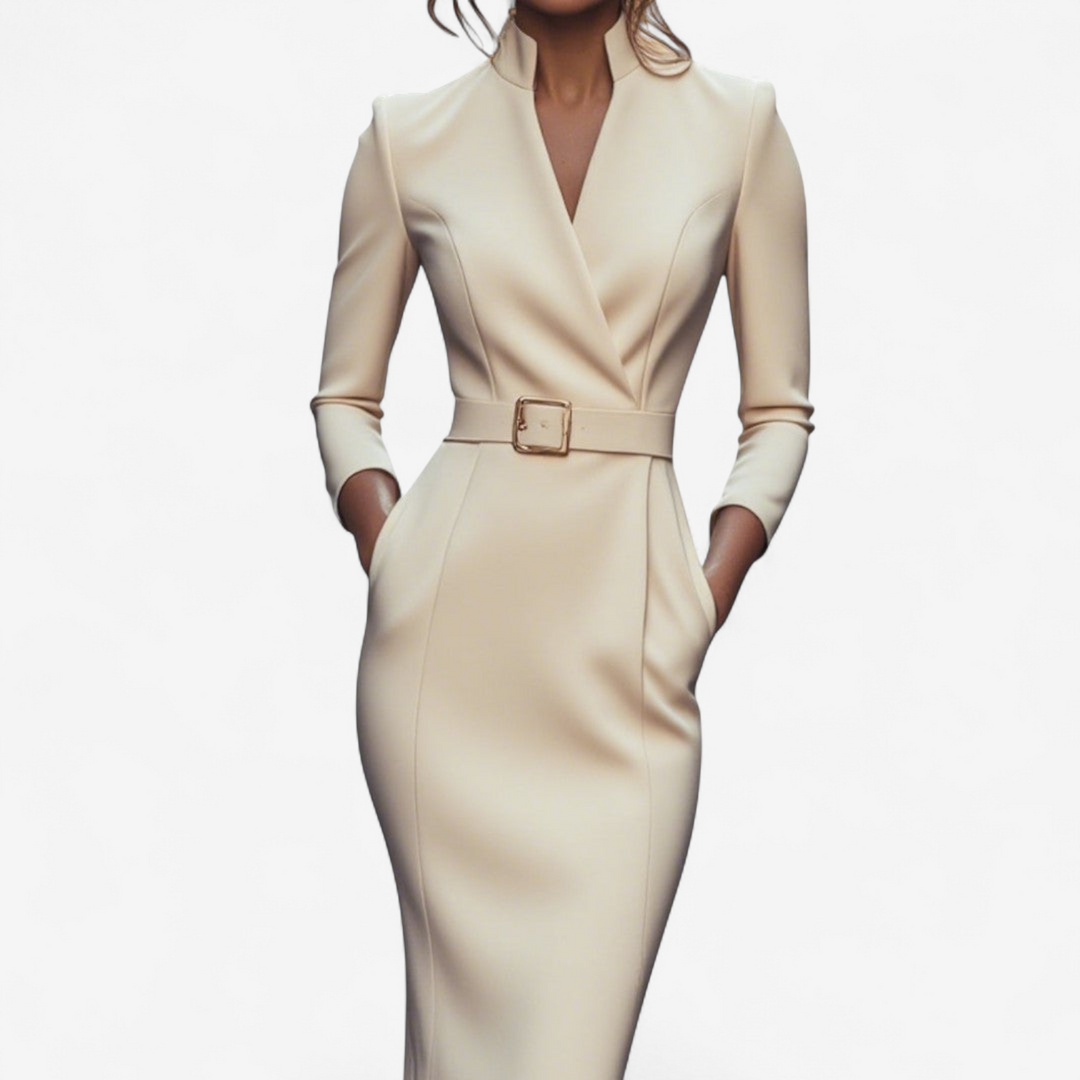 Elegant long sleeve midi dress with a chic belt for women, creating a flattering and refined silhouette for any occasion.