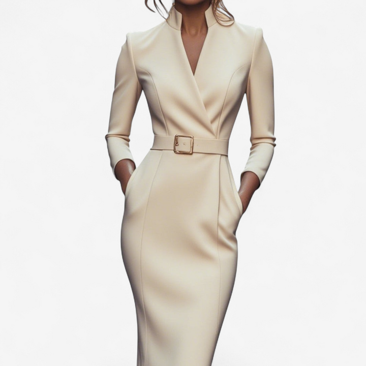 Elegant long sleeve midi dress with a chic belt for women, creating a flattering and refined silhouette for any occasion.