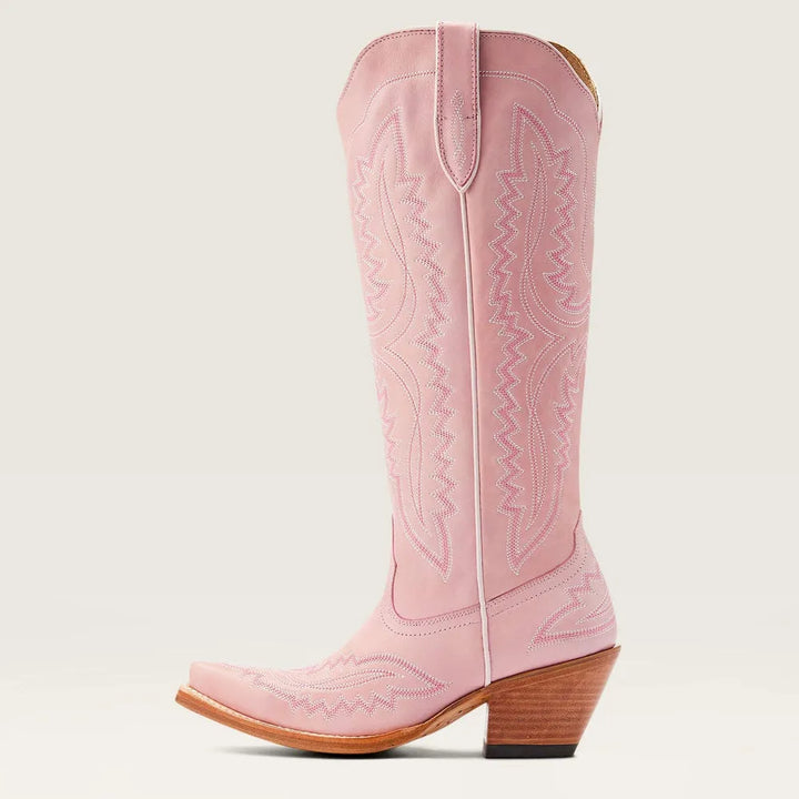 Fashionable women's pointed toe tall boots with unique pattern and convenient side zip; knee-high style.