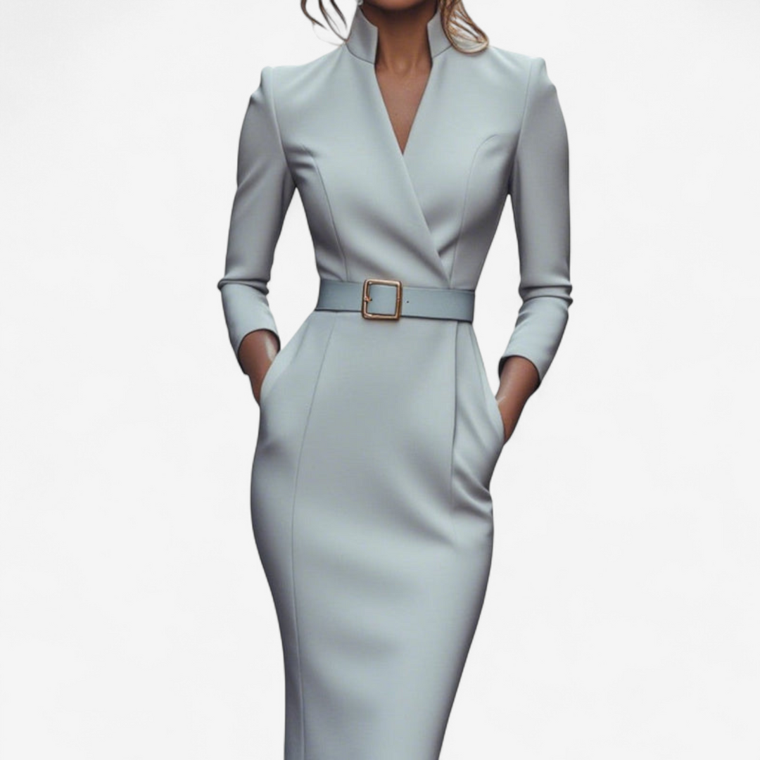 Flattering women's elegant midi dress with belt, long sleeves for a polished, versatile look from work to cocktail.