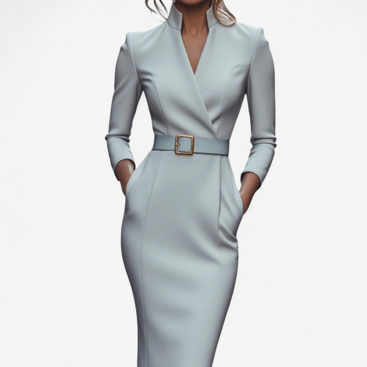 Flattering women's elegant midi dress with belt, long sleeves for a polished, versatile look from work to cocktail.