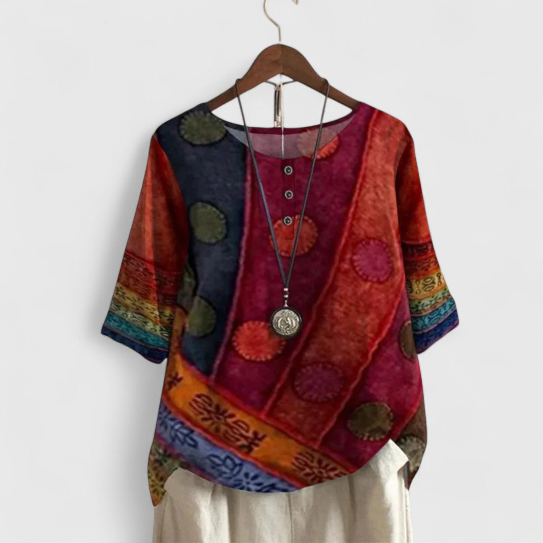 Elegant women's boho patchwork print top, perfect for stylish everyday comfort and fall fashion. Relaxed fit.