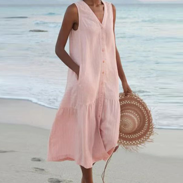 Versatile women's midi dress, sleeveless with a chic button-front design. Great for various casual summer occasions.
