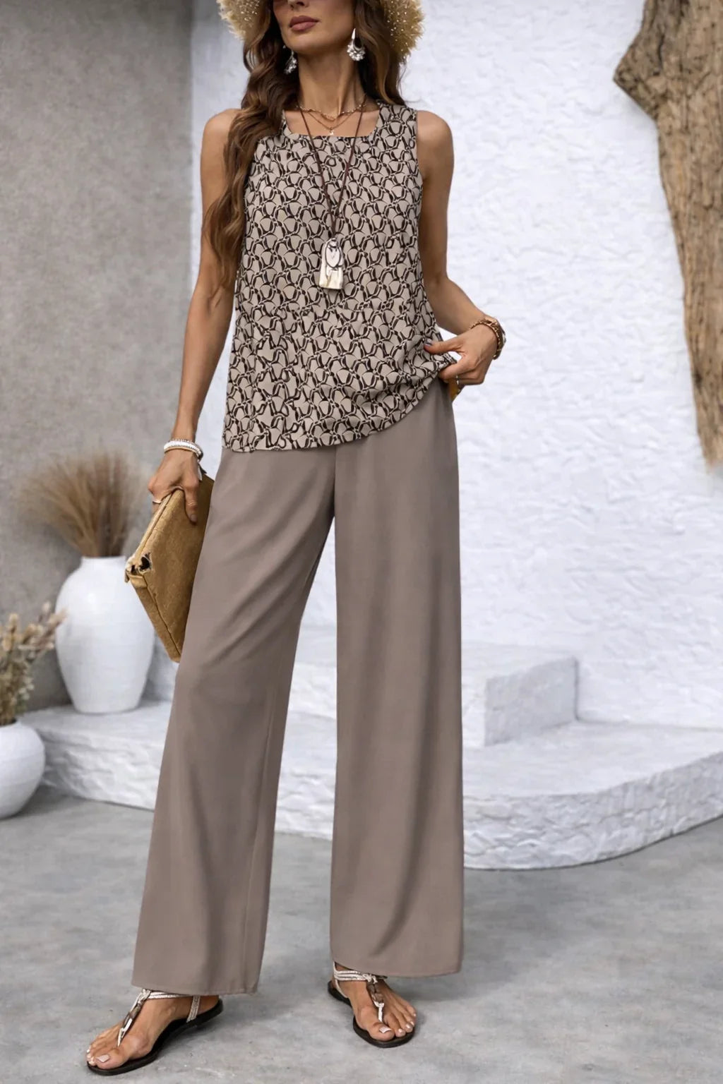 Elegant women's artistic print resort two-piece set, perfect for summer holidays.