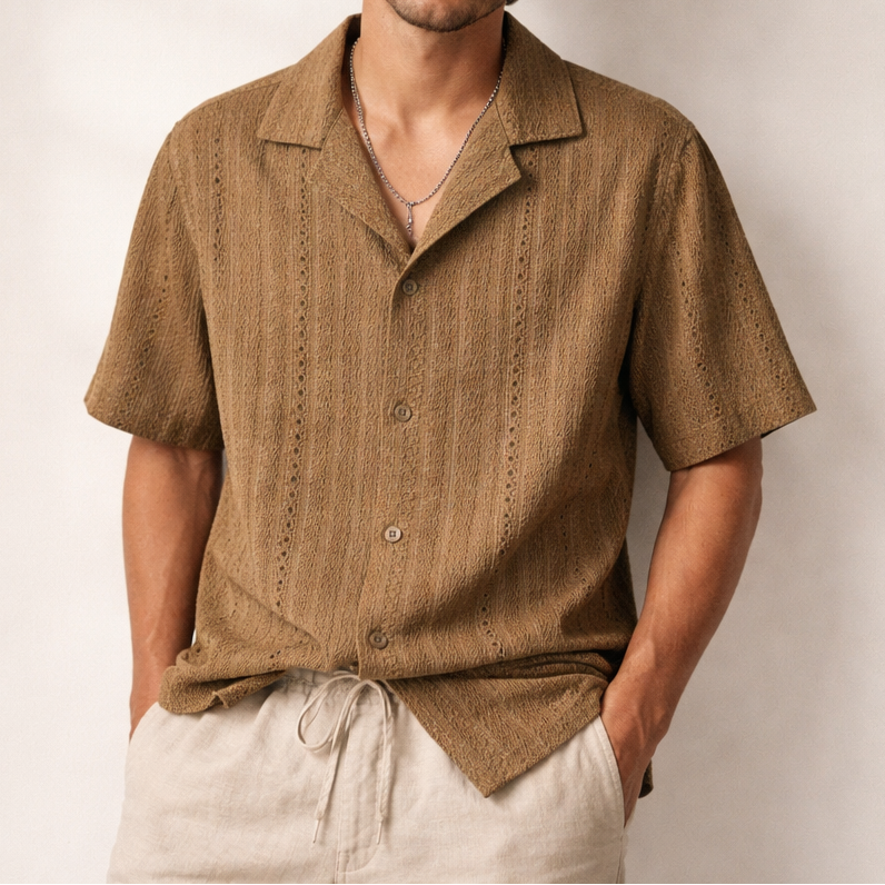 Men's textured short sleeve shirt with open collar. Lightweight, relaxed fit, perfect stylish summer button-up top.