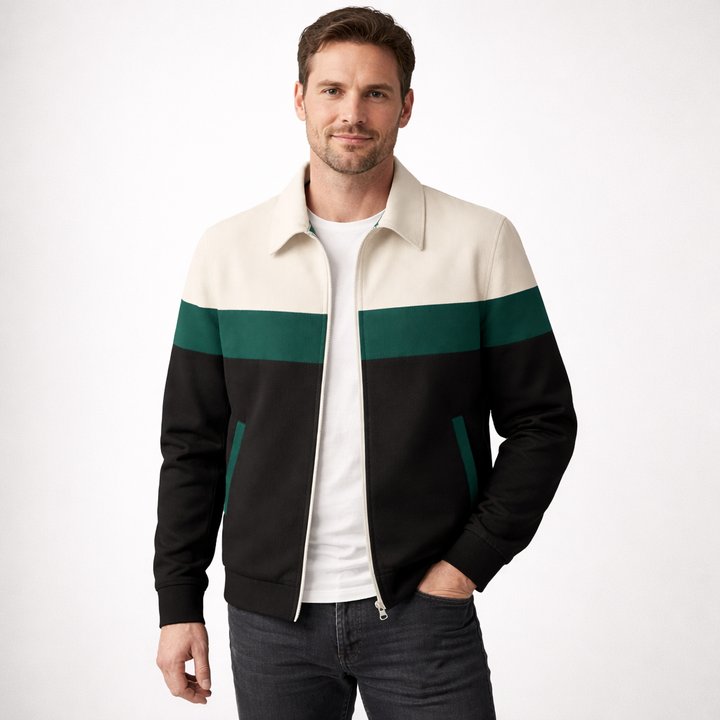 Men's modern colourblock zip jacket with contrast panels, perfect for casual everyday wear & streetwear.