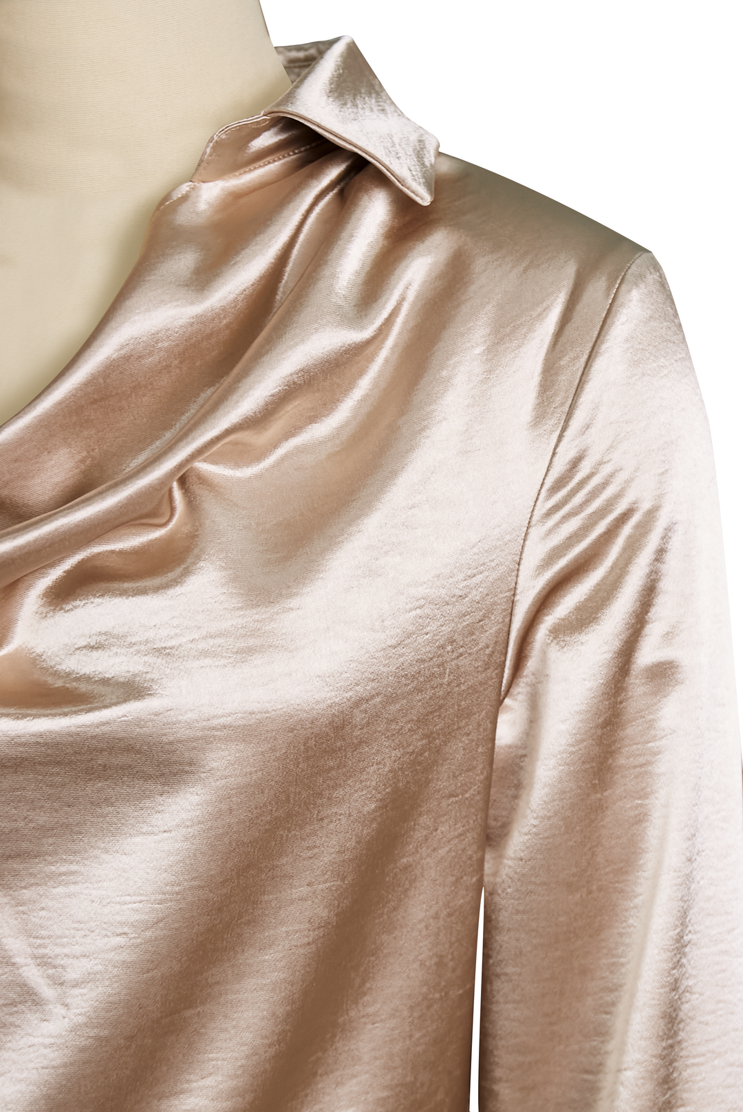 Elegant women's dressy top: satin blouse with a graceful draped neckline. Perfect for evenings.