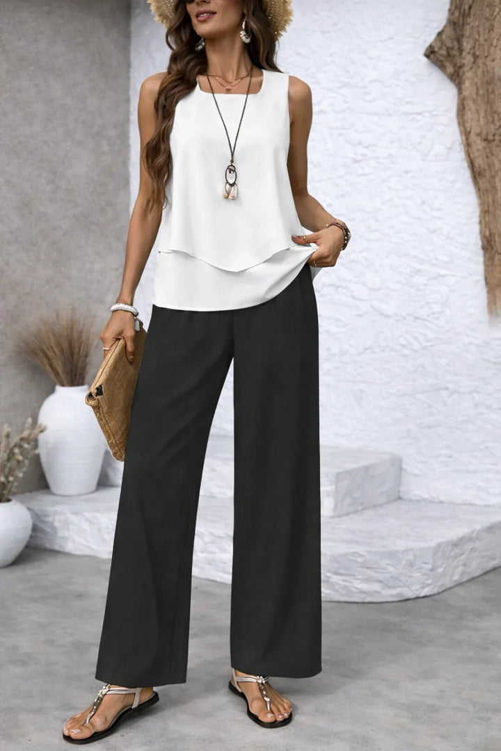 Versatile women's artistic print resort set, a sleeveless two-piece for summer vacations.