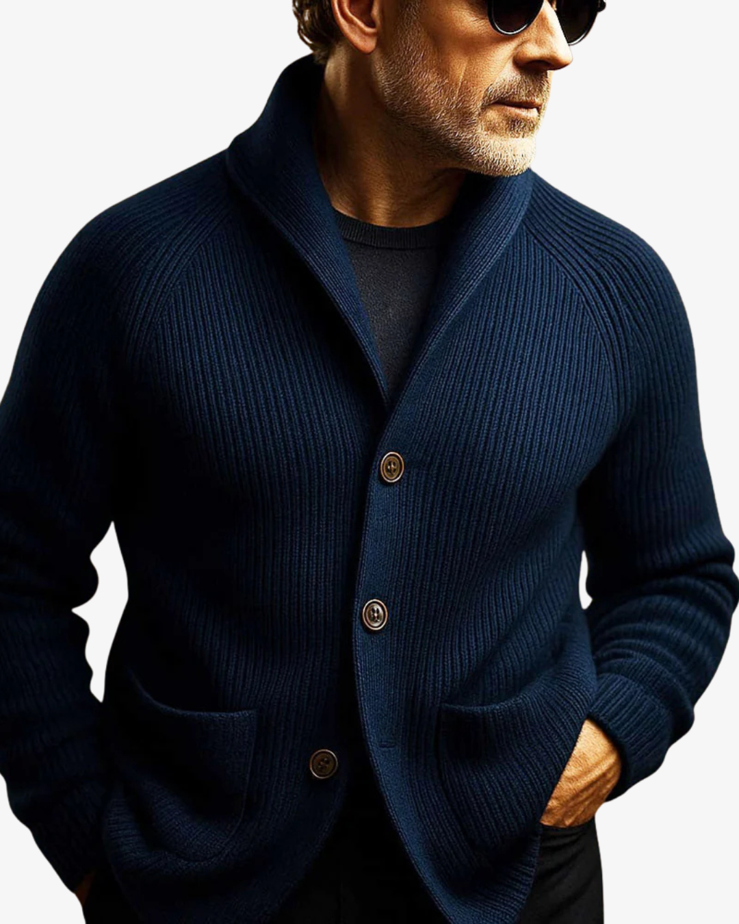 Men's tailored navy blue cardigan, button-front, perfect for a professional or smart casual layered look.